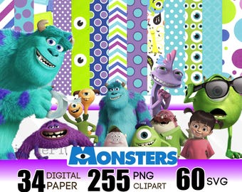 Papel digital de monstruos, paquete de imágenes prediseñadas de Boo, adorno para tarta de camiseta, patrones de papel de regalo universitario para cumpleaños de Mike Sully, scrapbooking 2026
