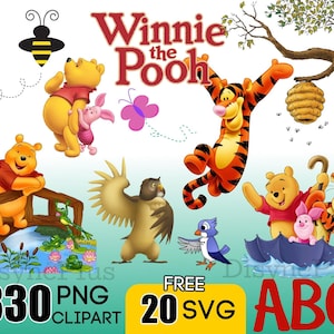 Könnte beinhalten: Ein farbenfrohes Grafik mit Winnie Puuh und seinen Freunden. Das Bild zeigt Winnie Puuh, Ferkel, Tiger, Eule und andere Charaktere. Der Text enthält "Winnie the Pooh", "330 PNG CLIPART", "FREE 20 SVG" und "ABC".