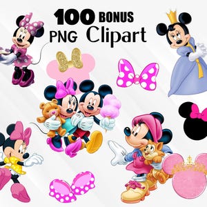 Puede incluir: Una colecci&oacute;n de 100 im&aacute;genes predise&ntilde;adas PNG de bonificaci&oacute;n con Minnie Mouse y Mickey Mouse en varias poses y atuendos. Las im&aacute;genes incluyen a Minnie Mouse sosteniendo golosinas, usando un vestido de princesa y sosteniendo un gato. Otras im&aacute;genes incluyen lazos y una cabeza de Mickey Mouse.