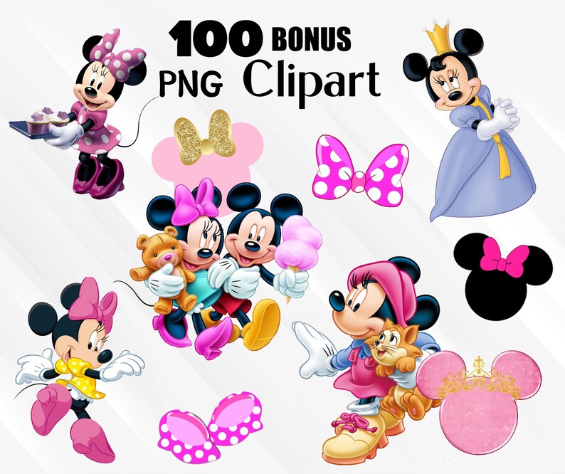 Puede incluir: Una colecci&oacute;n de 100 im&aacute;genes predise&ntilde;adas PNG de bonificaci&oacute;n con Minnie Mouse y Mickey Mouse en varias poses y atuendos. Las im&aacute;genes incluyen a Minnie Mouse sosteniendo golosinas, usando un vestido de princesa y sosteniendo un gato. Otras im&aacute;genes incluyen lazos y una cabeza de Mickey Mouse.