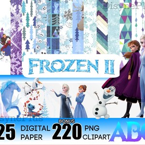 Könnte beinhalten: Ein digitales Kunstpaket mit dem Text "FROZEN II" und Charakteren aus dem Film. Das Bild enthält 25 digitale Papiere und 220 PNG-Clipart-Elemente. Die Farbpalette umfasst Blau-, Lila- und Weißtöne.
