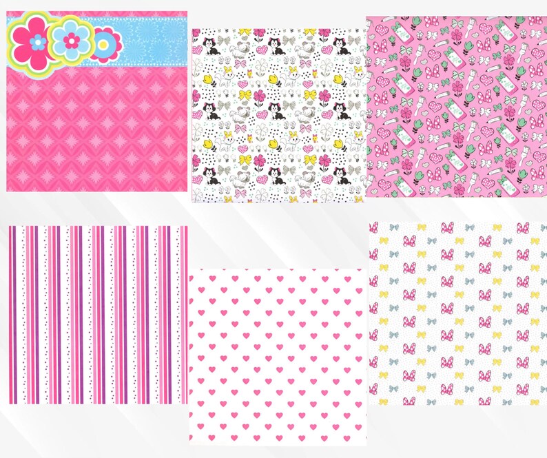 Puede incluir: Una colecci&oacute;n de papeles estampados en rosa. Los dise&ntilde;os incluyen un borde superior floral, un patr&oacute;n de diamantes, rayas verticales, corazones, patrones de gatos y lazos, y patrones tem&aacute;ticos de Minnie Mouse. Adecuado para &aacute;lbumes de recortes y manualidades.