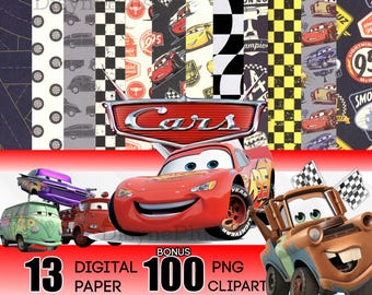 Cars Paper and Clipart Bundle, Planes Movie Art Prints, Cars Tshirt Design Cartoon Cliparts Great for Cars Birthday Lightning McQueen Mater