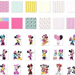 Puede incluir: Una colecci&oacute;n de im&aacute;genes con Minnie Mouse. Las im&aacute;genes incluyen fondos estampados en rosa, blanco y amarillo, junto con varias ilustraciones de Minnie Mouse en diferentes poses y atuendos. Tambi&eacute;n hay elementos decorativos como lazos y globos.