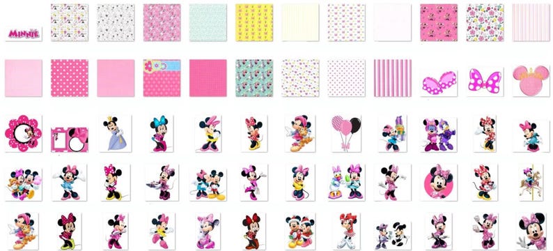 Puede incluir: Una colecci&oacute;n de im&aacute;genes con Minnie Mouse. Las im&aacute;genes incluyen fondos estampados en rosa, blanco y amarillo, junto con varias ilustraciones de Minnie Mouse en diferentes poses y atuendos. Tambi&eacute;n hay elementos decorativos como lazos y globos.