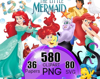 The Little Mermaid SVG, Ariel PNG Clipart Bundle, Cute Girl Birthday Party Favors Cartoon Movie Themed Clip Arts Princess Shirt, Cake Topper