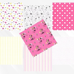 Puede incluir: Una colecci&oacute;n de muestras de tela estampada. Los dise&ntilde;os incluyen corazones, lunares, rayas, flores y un estampado de Minnie Mouse. Los colores incluyen rosa, blanco, amarillo y negro.