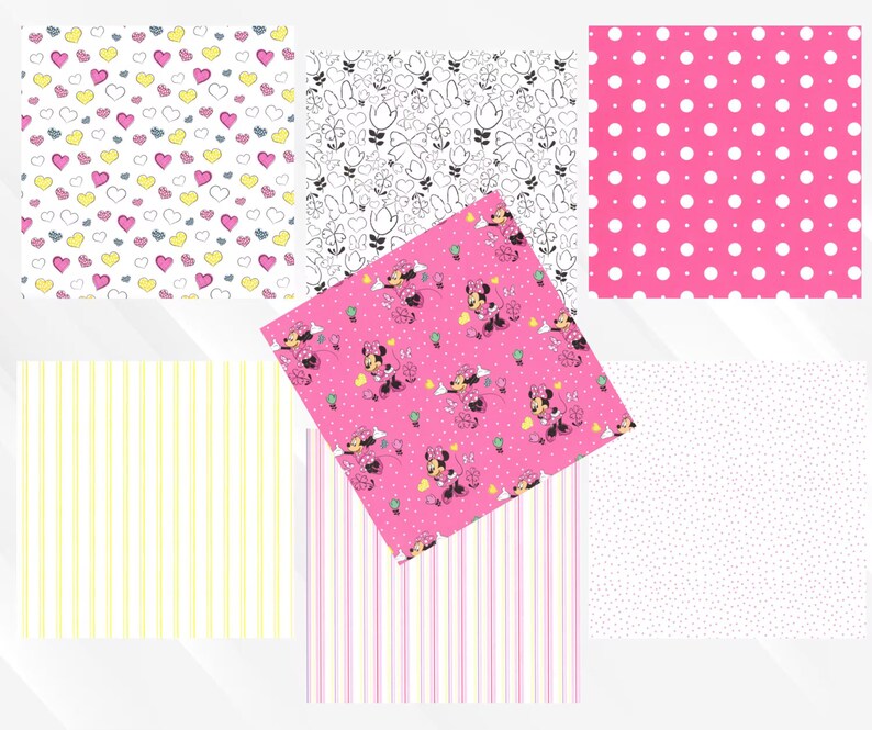 Puede incluir: Una colecci&oacute;n de muestras de tela estampada. Los dise&ntilde;os incluyen corazones, lunares, rayas, flores y un estampado de Minnie Mouse. Los colores incluyen rosa, blanco, amarillo y negro.