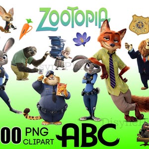 May include: A collection of Zootopia PNG clipart images featuring various characters like Judy Hopps, Nick Wilde, and Flash. The image includes the text "Zootopia", "100 PNG Clipart", and "ABC".