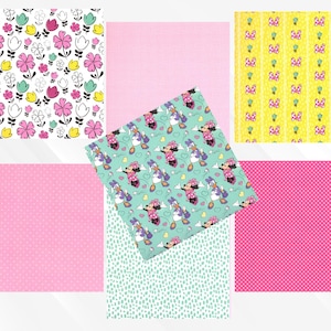 Puede incluir: Una colecci&oacute;n de muestras de tela estampadas. Los dise&ntilde;os incluyen flores rosas sobre blanco, lunares rosas, Minnie Mouse y Daisy Duck sobre turquesa, lazos y abejas amarillas, y telas rosas lisas y con lunares.