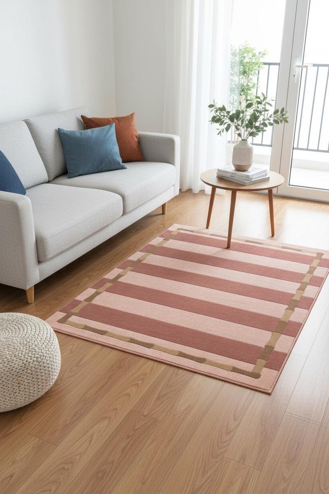 Border Area Rug Pink Pink Striped Wool Area Rug, Bamboo Border Geometric Carpets, Hand ...
