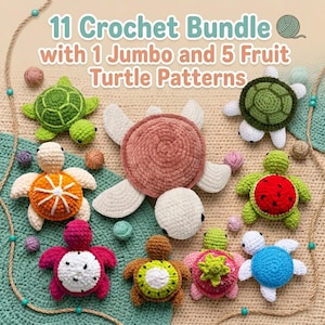 May include: A collection of eleven crochet turtle patterns, including one jumbo and five fruit-themed designs. The turtles feature various colors and fruit patterns, such as watermelon and orange slices. The image includes the text "11 Crochet Bundle with 1 Jumbo and 5 Fruit Turtle Patterns."
