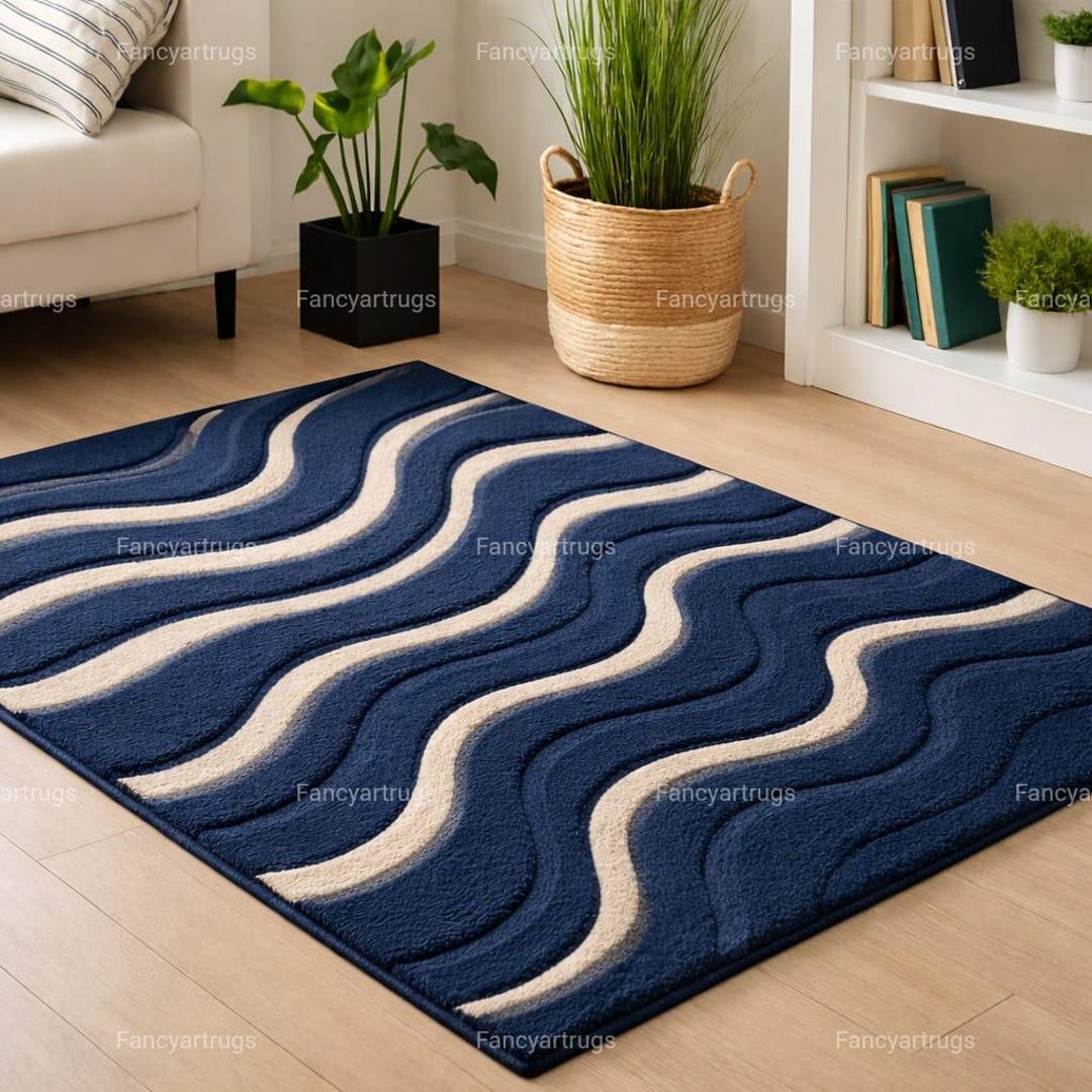 Blue Wavy Pattern Rug Modern Navy Blue Wave Pattern Area Rug – Soft Non-slip Living Room ...