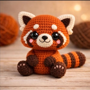 May include: A crocheted red panda plush toy with a round body, small ears, and a striped tail. The plush has large black eyes, a white muzzle, and brown paws. The toy is sitting on a wooden surface.