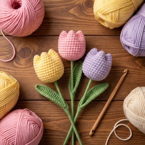 Spring Shine: 3 Crochet Amigurumi Tulip Patterns - Pink, Yellow, Lavender - Bilingual PDF File