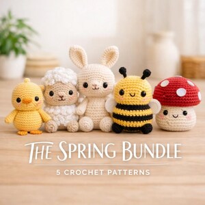 The Spring Bundle: 5 Patterns Amigurumi Farm Animals & Nature - Chick, Rabbit, Sheep, Bee, Mushroom - PDF Crochet Tutorial Bilingue EN/FR
