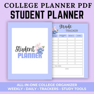 Puede incluir: Un planificador estudiantil PDF con un borde azul claro. La portada dice "Student Planner" con una ilustración de acuarela de uvas y un lazo. El planificador abierto muestra un rastreador de calificaciones con secciones para materia, evaluación y puntuación. El texto en la parte inferior dice "Organizador universitario todo en uno".