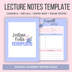 May include: A digital student notes pack with a light blue and white design. The cover reads "Lecture Notes Template" with "Cornell, Recall, Mind Map, Exam Notes" above. The open page shows a Cornell Notes layout with sections for cues and notes.
