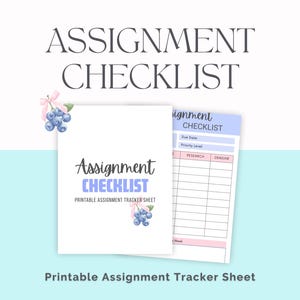 Könnte beinhalten: Ein druckbares Aufgaben-Checklisten-Blatt mit dem Text Assignment Checklist und Printable Assignment Tracker Sheet, verziert mit Aquarellillustrationen von blauen Heidelbeeren und rosa Schleifen auf weißem Hintergrund.