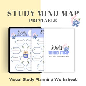 May include: A digital study mind map printable featuring a visual study planning worksheet. The design includes blueberry illustrations with pink bows, a central jar graphic, and text reading STUDY MIND MAP and VISUAL STUDY PLANNING WORKSHEET.