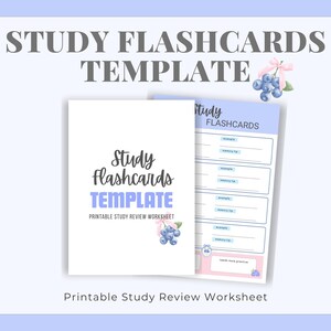Peut inclure: Un modèle de fiches de révision imprimable avec le texte STUDY FLASHCARDS TEMPLATE et une petite illustration de baies bleues avec un nœud rose. Le design comprend une page de couverture blanche et une page intérieure bleu clair.