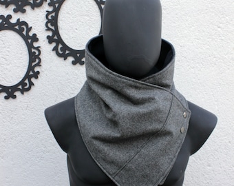 Unisex scarf.Men & women cowl, Oxford grey wool,metallic snaps. Modern and cozy.Gift. READY to SHIP.