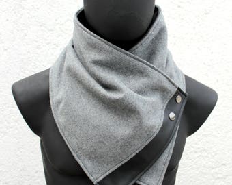 Unisex scarf.Men & women cowl,Light grey wool,faux black leather,metallic snaps.Modern, cozy.READY to SHIP.