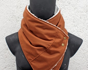Unisex scarf.Men & women cowl.Camel color wool,sherpa fabric,metallic snaps.Gift,for her,him.READY to SHIP.