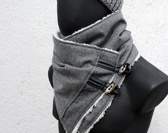 Cowl scarf.Oxford grey wool,sherpa fabric,toggles,Unisex,Women & men neckwarmer,Modern,cozy.READY to SHIP.