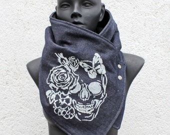 Unisex scarf,cowl.Blue denim,Hand printed skull,metallic snaps.Modern,cozy.Gift men & women.READY to SHIP.