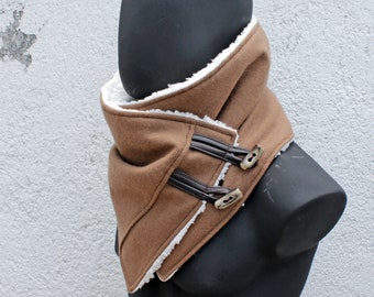 Unisex scarf.Men & women cowl. Camel color wool,sherpa fabric,real leather,toggle buttons. READY to SHIP.