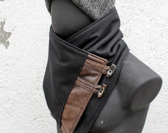 Unisex scarf.Men & women cowl. Black wool,faux suede leather,toggles,Modern,cozy neckwarmer. READY to SHIP.