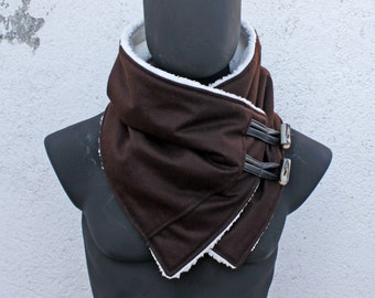 Unisex scarf.Men & women cowl.Dark brown wool,sherpa fabric,toggle buttons.Gift,for her,him.READY to SHIP.