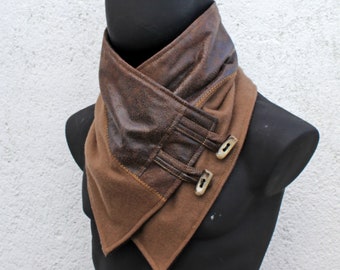 Unisex scarf,Men,women cowl.Camel color wool & faux suede,toggle buttons.Modern,cozy.Gift. READY to SHIP.