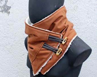 Unisex scarf.Men & women cowl.Camel color wool,sherpa fabric,real leather,toggle button.Gift.READY to SHIP.