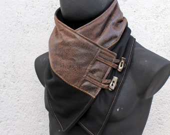 Unisex scarf,cowl.Black wool,faux suede,toggle buttons. Modern,cozy.Men & women neckwarmer. READY to SHIP.