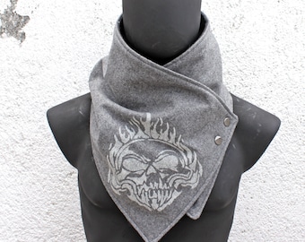 Unisex scarf.Men,women cowl,Oxford grey wool,Hand printed skull,metallic snaps.Modern,cozy.READY to SHIP.