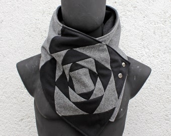 Unisex scarf,Men,women cowl.Black & gray wool,patchwok style,metallic snaps.Modern,cozy.Gift.READY to SHIP.