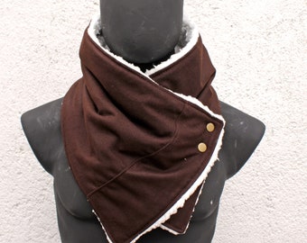 Unisex scarf.Men & women cowl.Chocolate brown wool,sherpa fabric,metallic snaps.Super cozy.READY to SHIP.