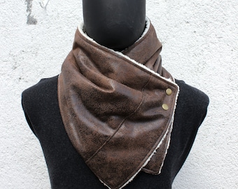 Men & women scarf.Unisex cowl.Brown Faux suede,sherpa fabric,metallic snaps. Modern and cozy.READY to SHIP,