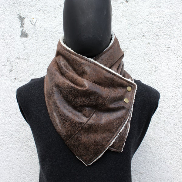Men & women scarf.Unisex cowl.Brown Faux suede,sherpa fabric,metallic snaps. Modern and cozy.READY to SHIP,