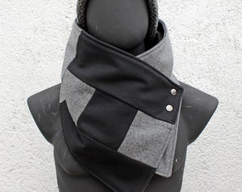 Unisex scarf.Men,women cowl.Black & gray wool,patchwork style,metallic snap.Modern,cozy.Gift.READY to SHIP.