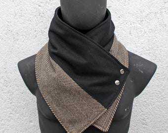 Unisex scarf.Mens & women cowl.Chunky neckwarmer.Black and brown herringbone wool,metallic snaps.Modern,stylish,gift.Ready to SHIP