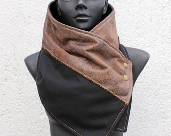 Unisex scarf,Men & women cowl.Black wool and faux suede,metallic snap.Modern,cozy.Gift,women.READY to SHIP.