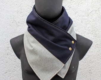 Unisex scarf,Men,women cowl. Navy & gray wool neckwarmer,metallic snaps. Modern,cozy. Gift. READY to SHIP.