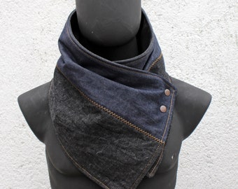 Unisex scarf,Men and Women cowl.Black & blue denim,metallic snap.Modern,cozy.Christmas gift.READY to SHIP.