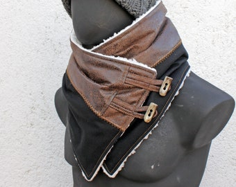 Unisex scarf,Men & women cowl.Black wool,faux suede,toggle buttons,sherpa fabric.Modern,cozy.READY to SHIP.