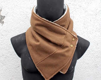 Unisex scarf.Men & women cowl.Camel color wool,sherpa fabric, metallic snaps.Super cozy,gift.READY to SHIP.