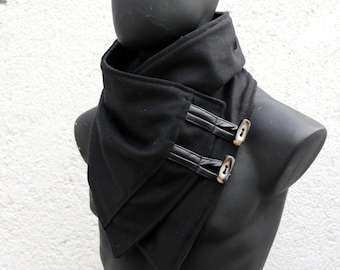 Unisex cowl,Men and women scarf,Black wool,black leather, toggle buttons,Elegant Neckwarmer.READY to SHIP.