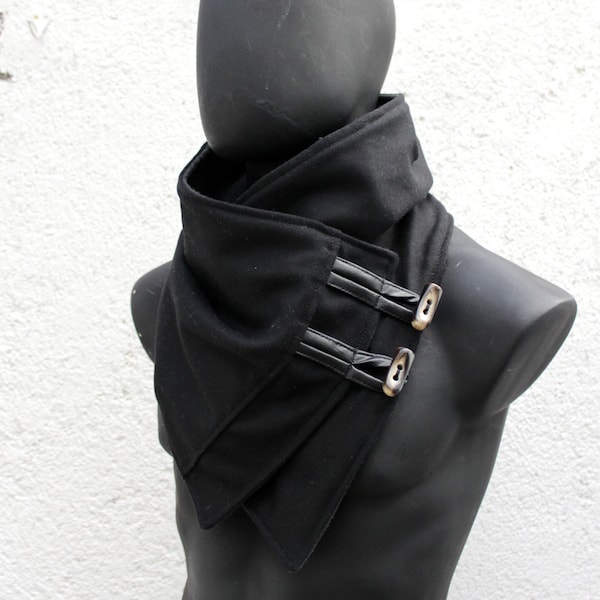 Capuche unisexe, écharpe pour hommes et femmes, laine noire, cuir noir, boutons à bascule, élégant tour de cou. PRÊT à être expédié.